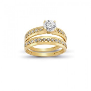 14K Solid Gold Solitaire With Band Engagement Wedding Ring Set