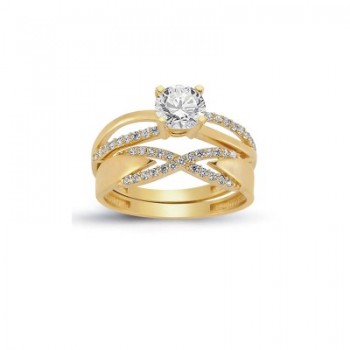 14K Solid Gold Solitaire With Band Engagement Wedding Ring Set