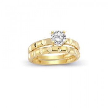 14K Solid Gold Solitaire With Band Engagement Wedding Ring Set