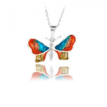 14K White Red Blue Butterfly Necklace