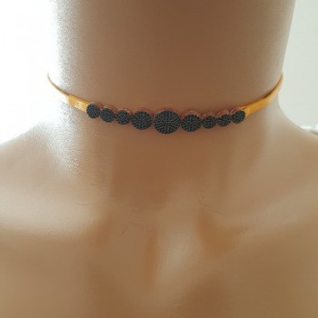 925K Sterling Silver Black Choker Yellow Leather Necklace