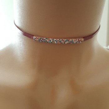 925K Sterling Silver Choker Claret Red Leather Necklace