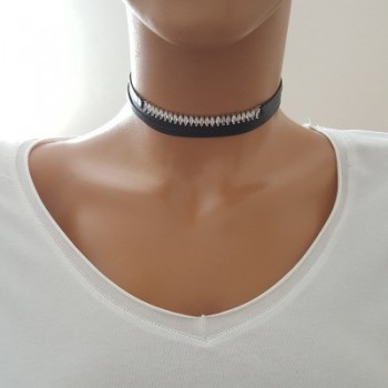 925K Sterling Silver Choker Cz Diamond Black Leather Necklace