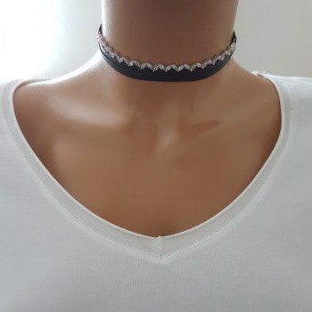 925K Sterling Silver Choker Cz Diamond Black Leather Necklace