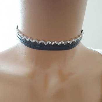 925K Sterling Silver Choker Cz Diamond Black Leather Necklace