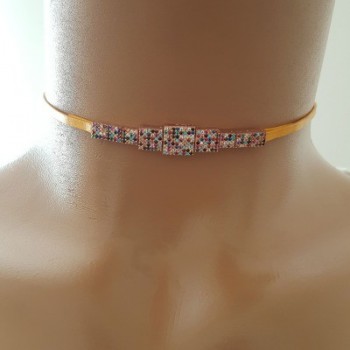 925K Sterling Silver Choker Yellow Leather Rainbow Necklace