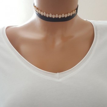 925K Sterling Silver Drop Choker Cz Diamond Black Leather Necklace