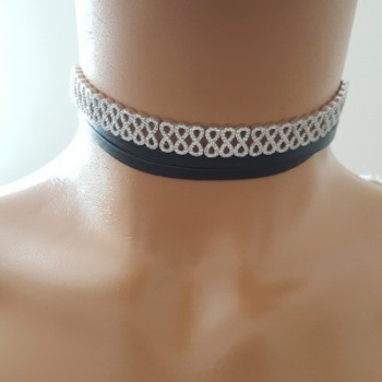 925K Sterling Silver İnfinity Choker Cz Diamond Black Leather Necklace