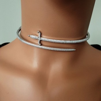 925K Sterling Silver Pave Sword Choker Necklace
