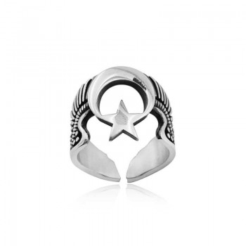 925K Sterling Silver Star And Crescent Men Ring