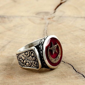 925K Sterling Silver Star And Crescent Men Ring