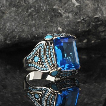 925 Sterling Silver Black Zircon Stone Square Men Ring