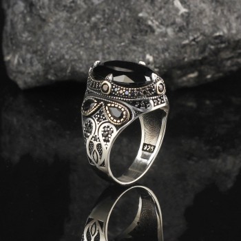 925 Sterling Silver Black Zircon Stone Handmade Men Ring