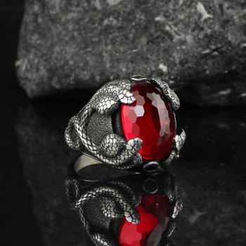 925 Sterling Silver Red Zircon Stone Snake Detail Handmade Men Ring