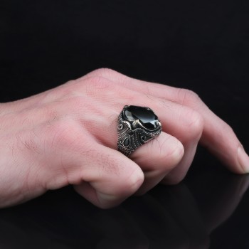 925 Sterling Silver Black Zircon Stone Traditional Men Ring