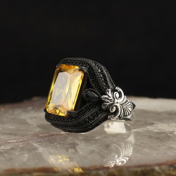 925 Sterling Silver Yellow Zircon Stone Traditional Handmade Men Ring