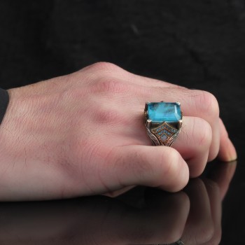 925 Sterling Silver Paraiba Stone Handmade Square  Men Ring