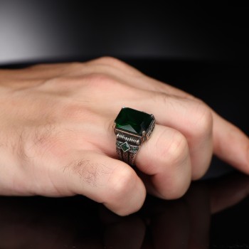 925 Sterling Silver Green Zircon Stone Handmade Square Men Ring