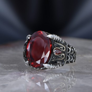 925 Sterling Silver Red Zircon Stone Eagle Claw Chain Men Ring