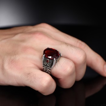 925 Sterling Silver Red Zircon Stone Eagle Claw Chain Men Ring