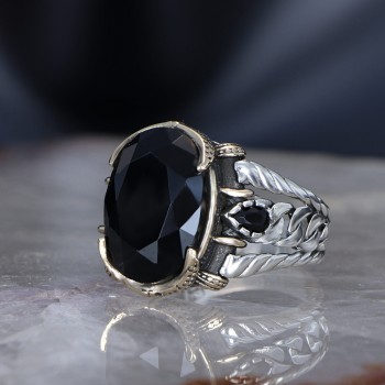 925 Sterling Silver Black Zircon Stone Chain Link Men Ring