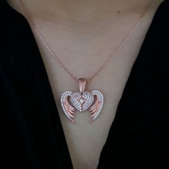 Rose Gold Plated 925K Silver Angel Wings Heart  Personalized Necklace