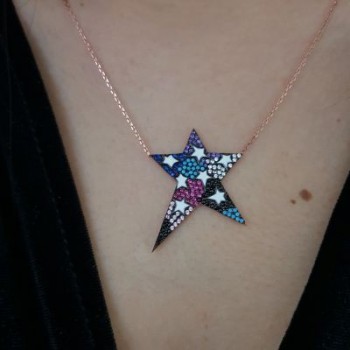 Rose Gold Plated 925K Silver Star Color Stone Necklace